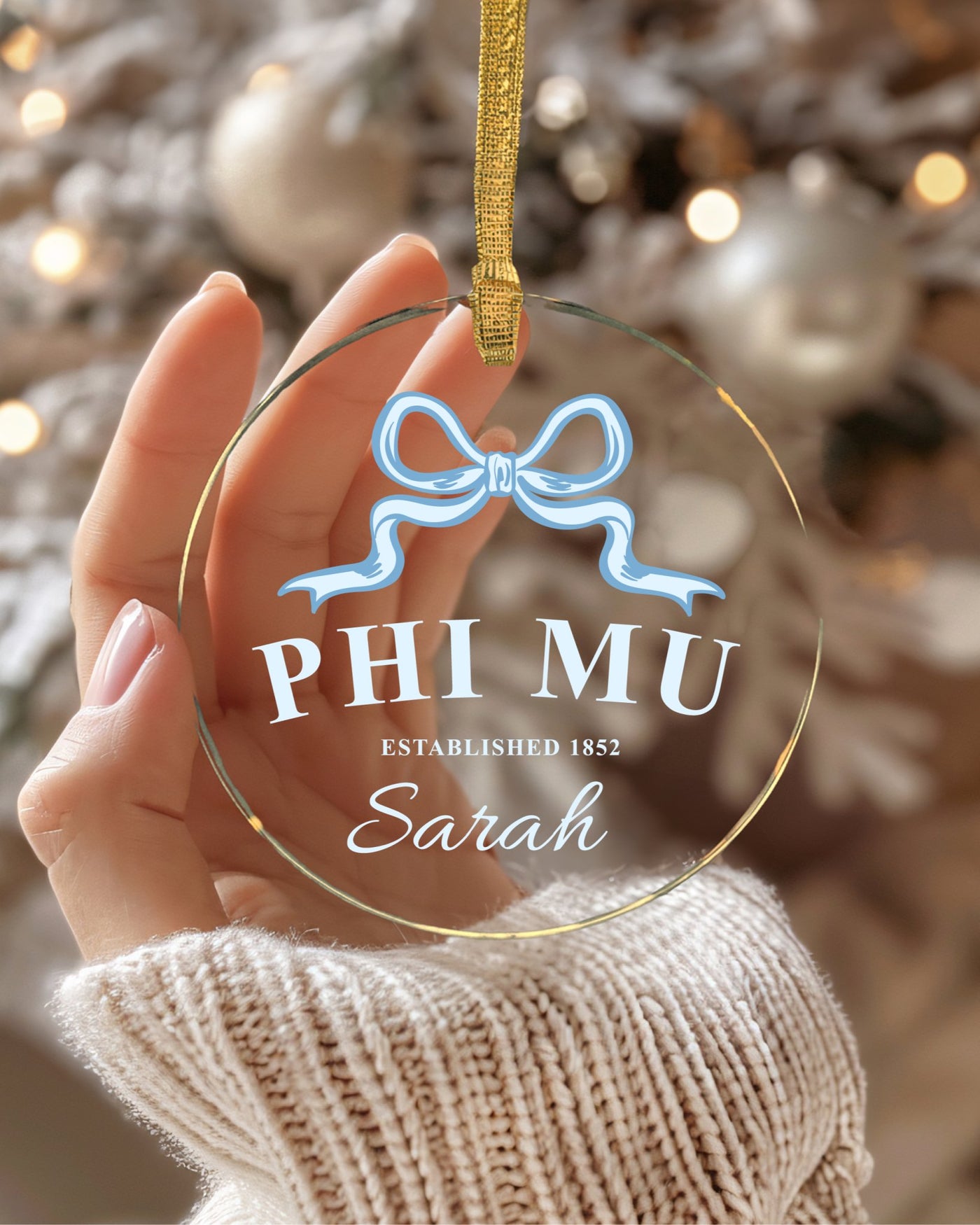 Phi Mu Sorority Clear Ribbon Acrylic Ornament | Phi Mu Customizable Christmas Gift | Custom Name Ornament