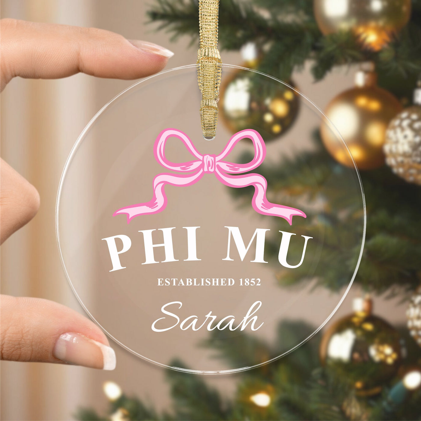 Phi Mu Sorority Clear Ribbon Acrylic Ornament | Phi Mu Customizable Christmas Gift | Custom Name Ornament