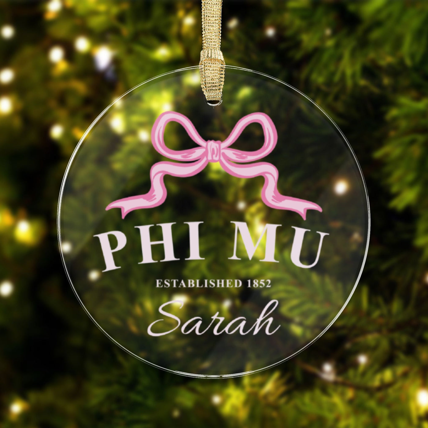 Phi Mu Sorority Clear Ribbon Acrylic Ornament | Phi Mu Customizable Christmas Gift | Custom Name Ornament