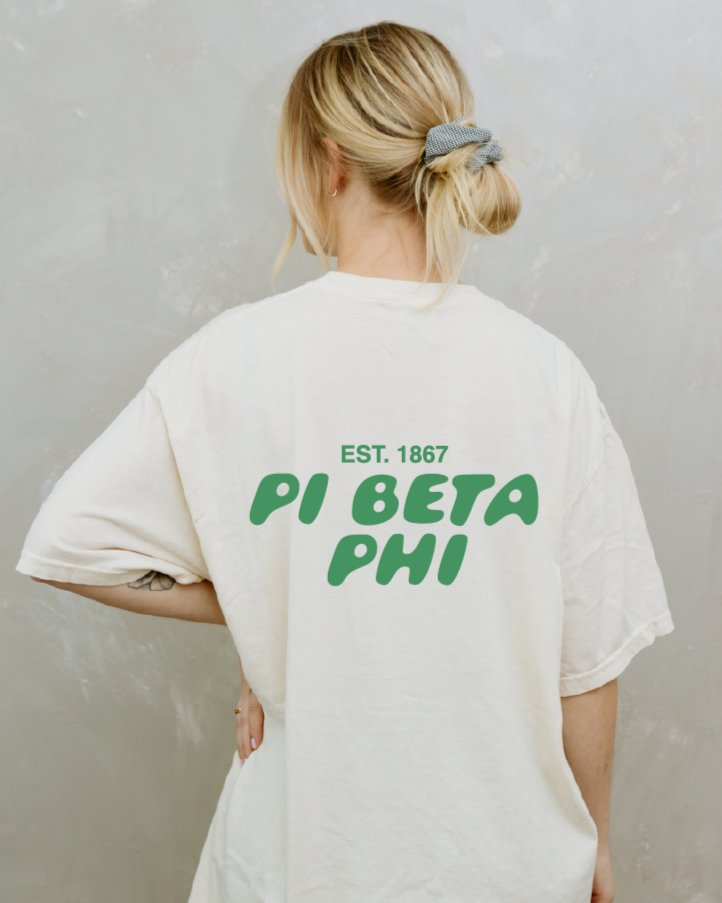 Pi Beta Phi Bubble Letter T-Shirt | Pi Phi Trendy College Greek Custom Oversized Shirt | Big Little Sorority T Shirt Gift