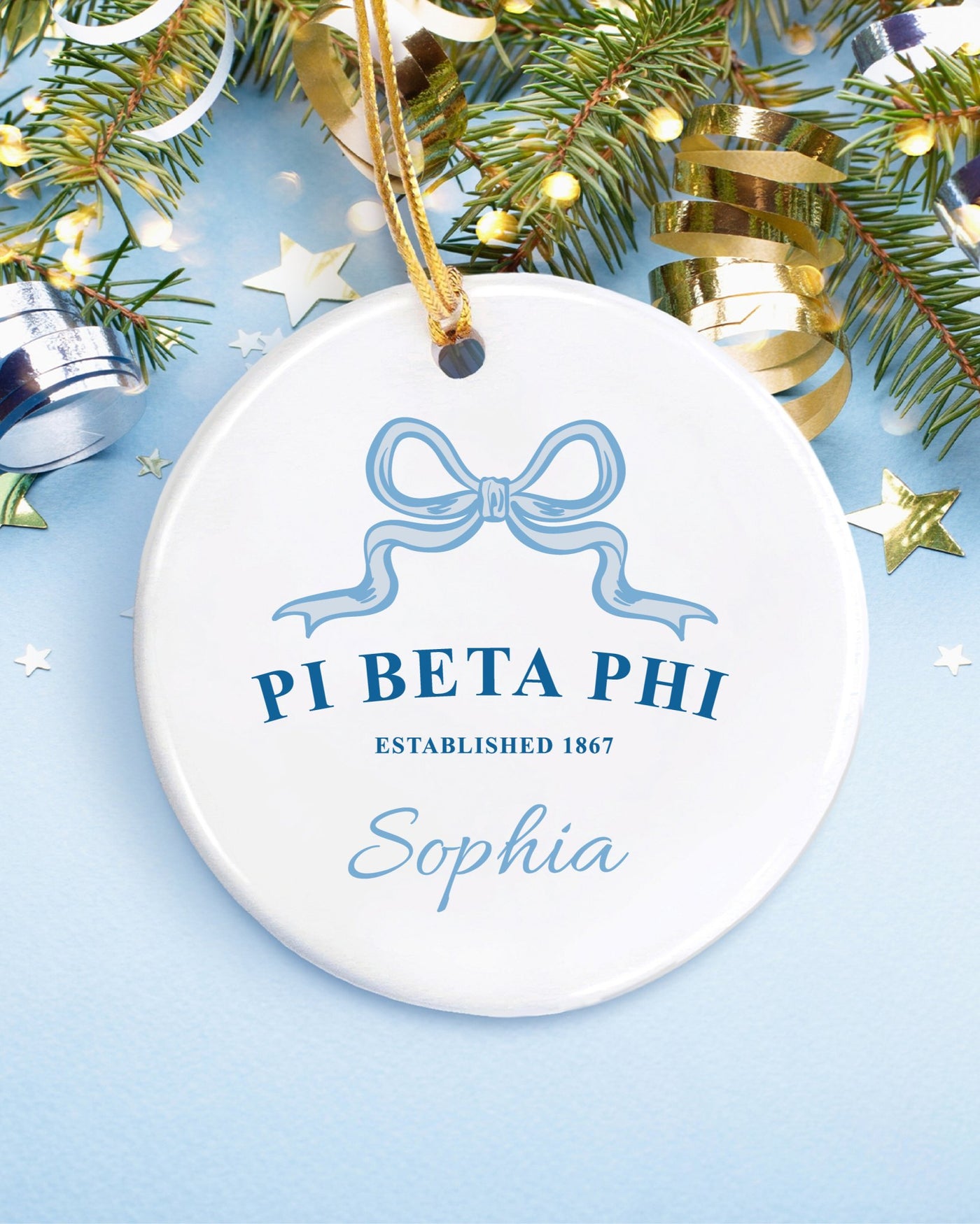 Pi Beta Phi Customizable Trendy Ribbon Ornament Gift | Pi Phi Holiday Christmas Gift | Sorority Ornament | Your Name