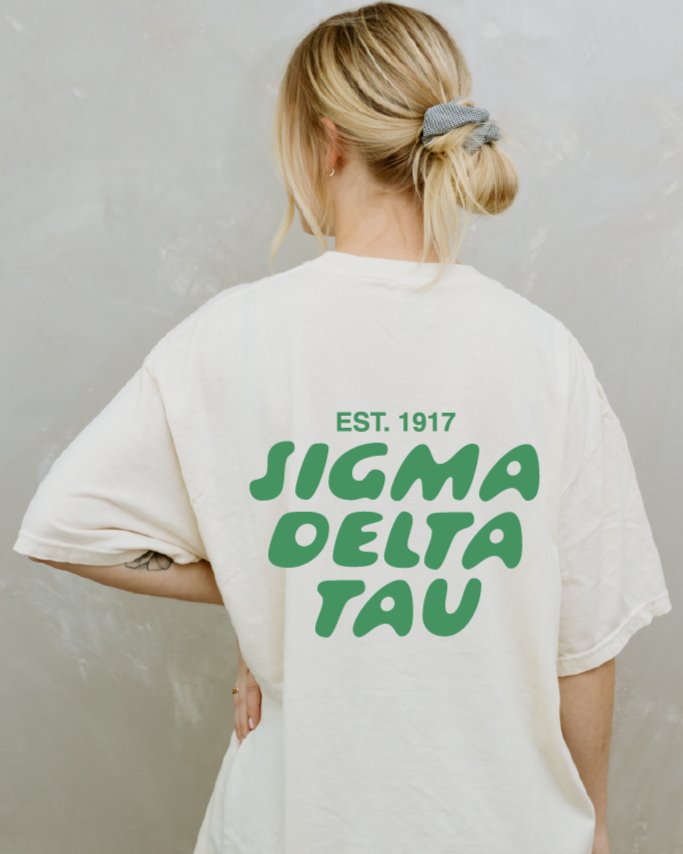 Sigma Delta Tau Bubble Letter T-Shirt | Sig Delt Trendy College Greek Custom Oversized Shirt | Big Little Sorority T Shirt Gift