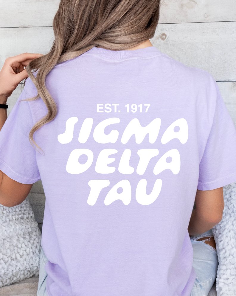 Sigma Delta Tau Bubble Letter T-Shirt | Sig Delt Trendy College Greek Custom Oversized Shirt | Big Little Sorority T Shirt Gift