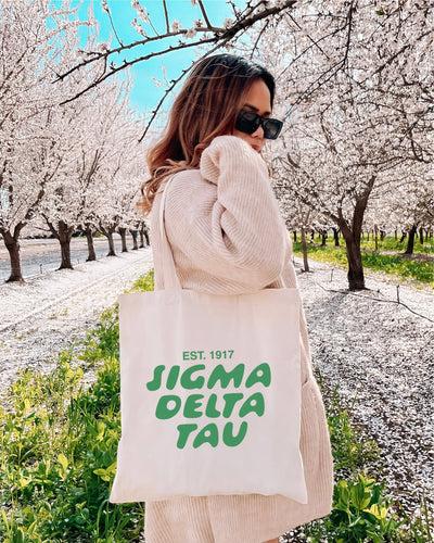 Sigma Delta Tau Bubble Text Trendy Tote Bag | Sig Delt College Sorority Beach Bag | Big Little Gift