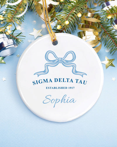 Sigma Delta Tau Customizable Trendy Ribbon Ornament Gift | Sig Delt Holiday Christmas Gift | Sorority Ornament | Your Name