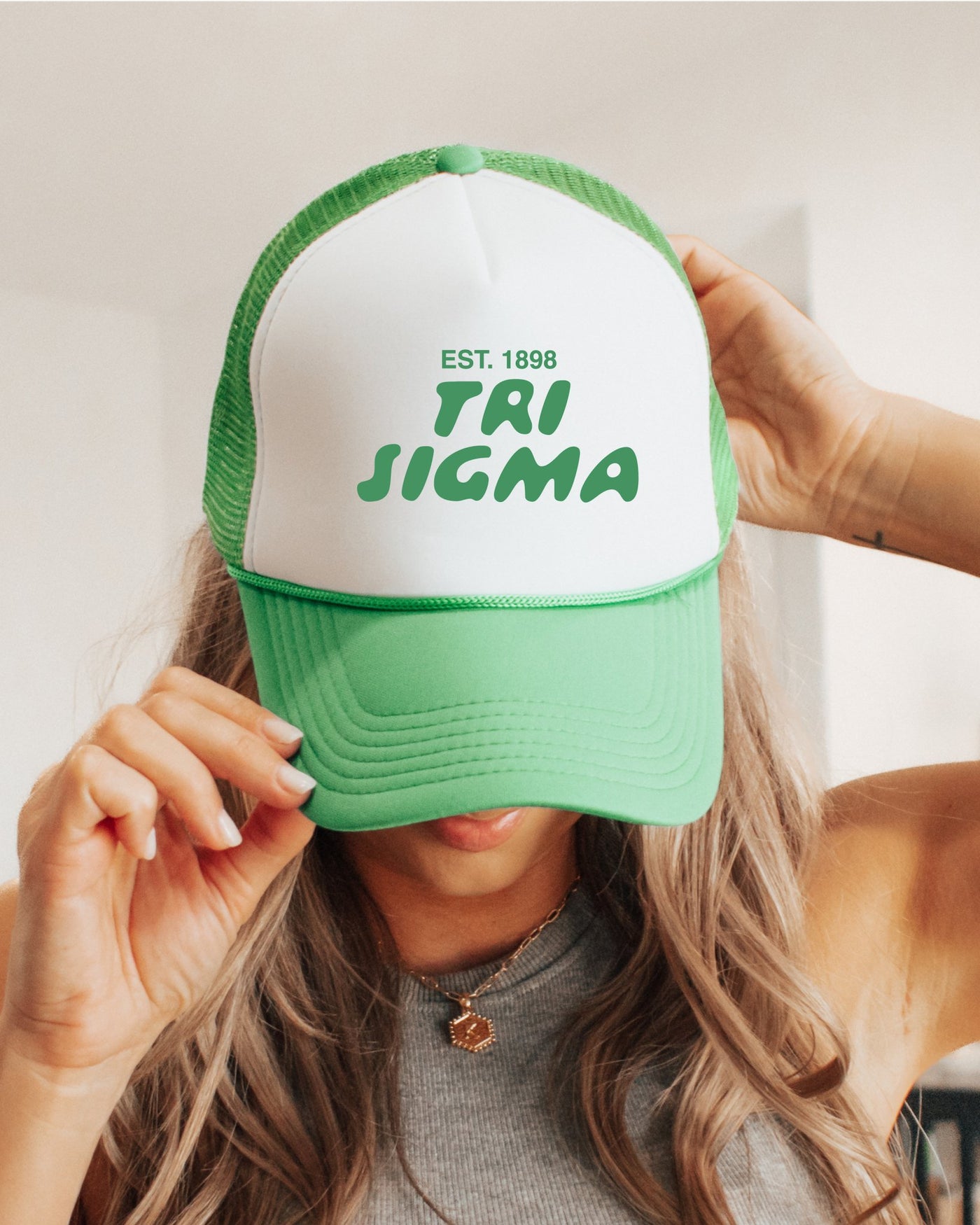 Sigma Sigma Sigma Bubble Text Trendy Trucker Hat | Tri Sig Bid Day Recruitment Gift | Big Little Gift