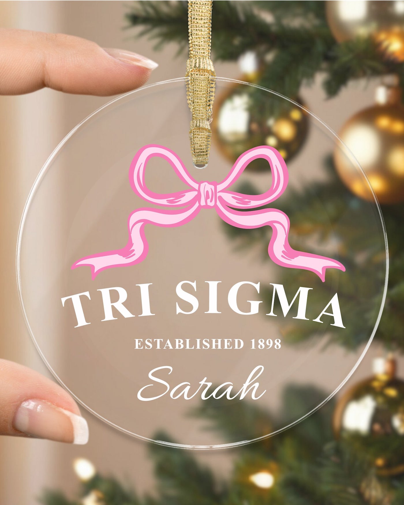 Sigma Sigma Sigma Sorority Clear Ribbon Acrylic Ornament | Tri Sigma Customizable Christmas Gift | Custom Name Ornament