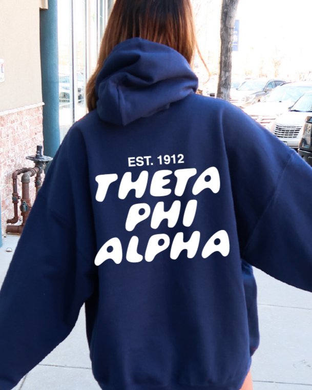 Theta Phi Alpha Bubble Font Sorority Hoodie | Theta Phi Trendy Sweatshirt | Big Little Gift | Recruitment Gift