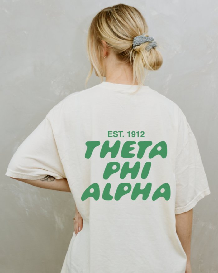 Theta Phi Alpha Bubble Letter T-Shirt | Theta Phi Trendy College Greek Custom Oversized Shirt | Big Little Sorority T Shirt Gift