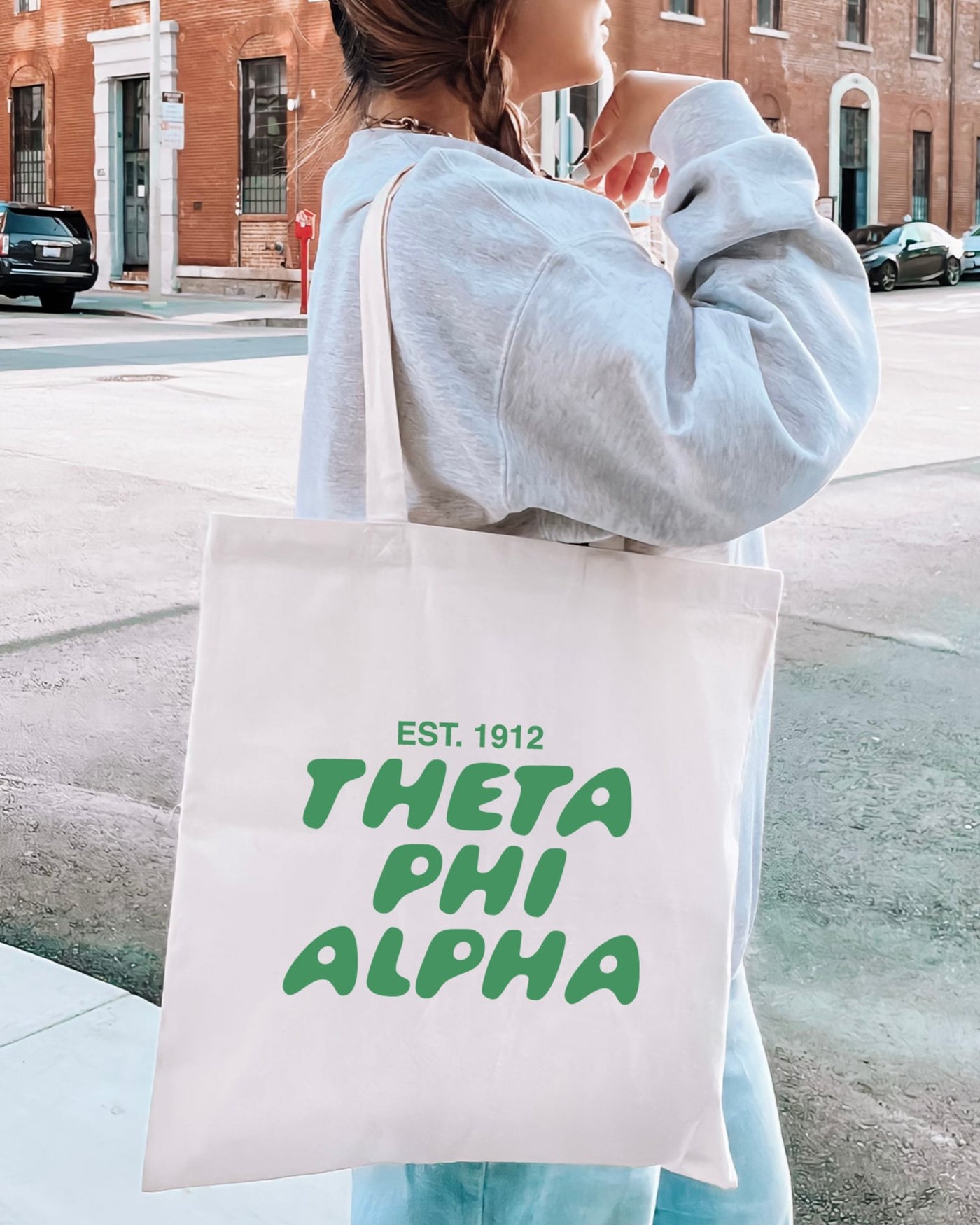 Theta Phi Alpha Bubble Text Trendy Tote Bag | Theta Phi College Sorority Beach Bag | Big Little Gift