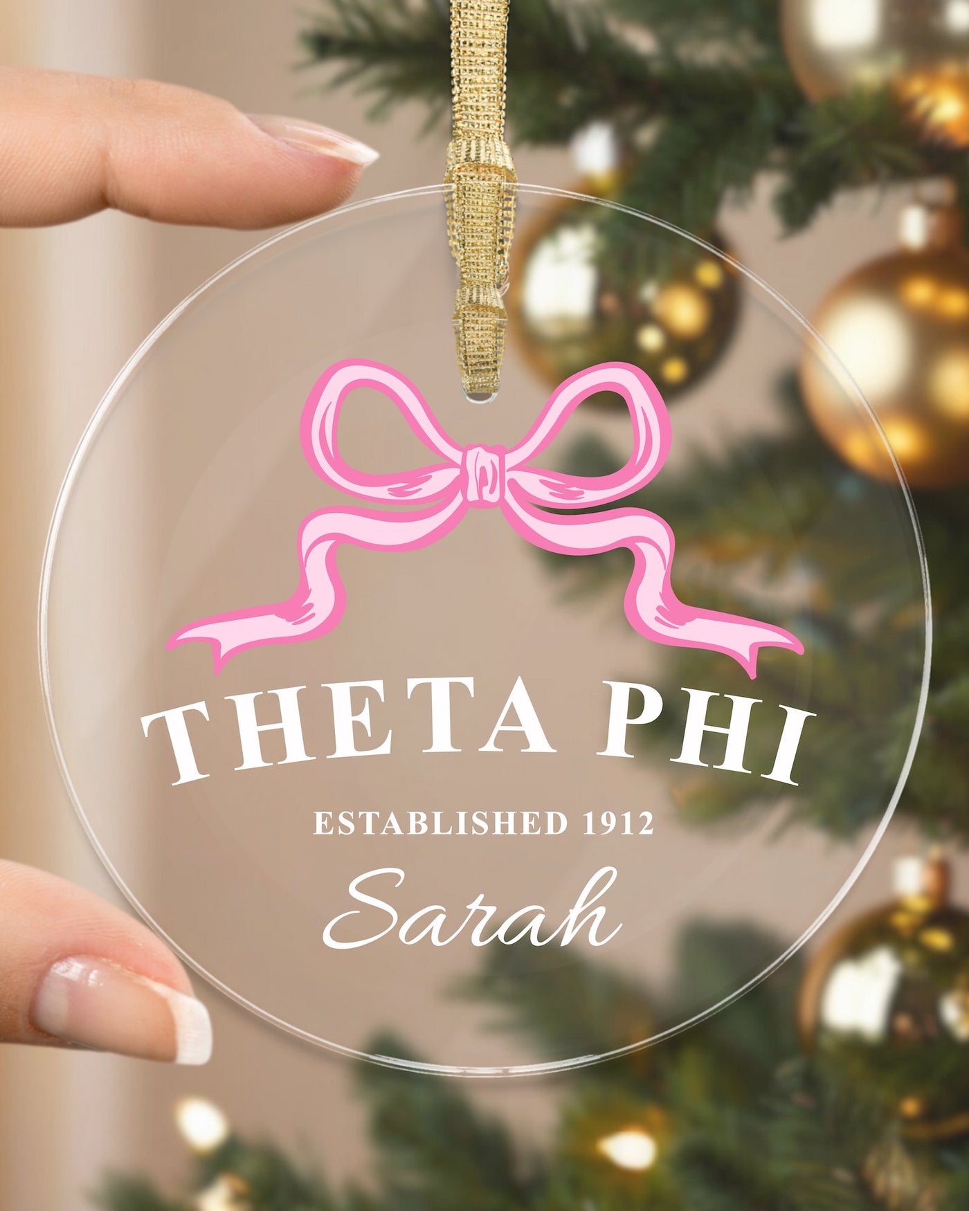 Theta Phi Alpha Sorority Clear Ribbon Acrylic Ornament | Theta Phi Customizable Christmas Gift | Custom Name Ornament