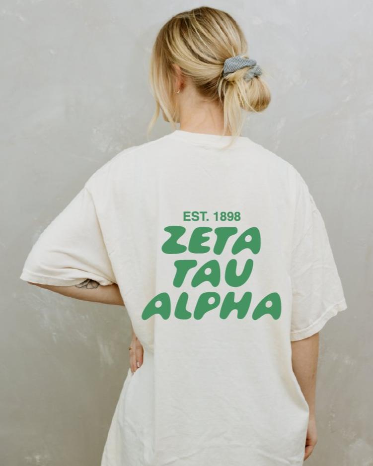 Zeta Tau Alpha Bubble Letter T-Shirt | ZTA Trendy College Greek Custom Oversized Shirt | Big Little Sorority T Shirt Gift