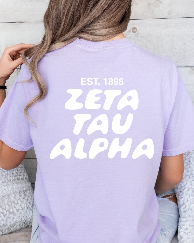 Zeta Tau Alpha Bubble Letter T-Shirt | ZTA Trendy College Greek Custom Oversized Shirt | Big Little Sorority T Shirt Gift