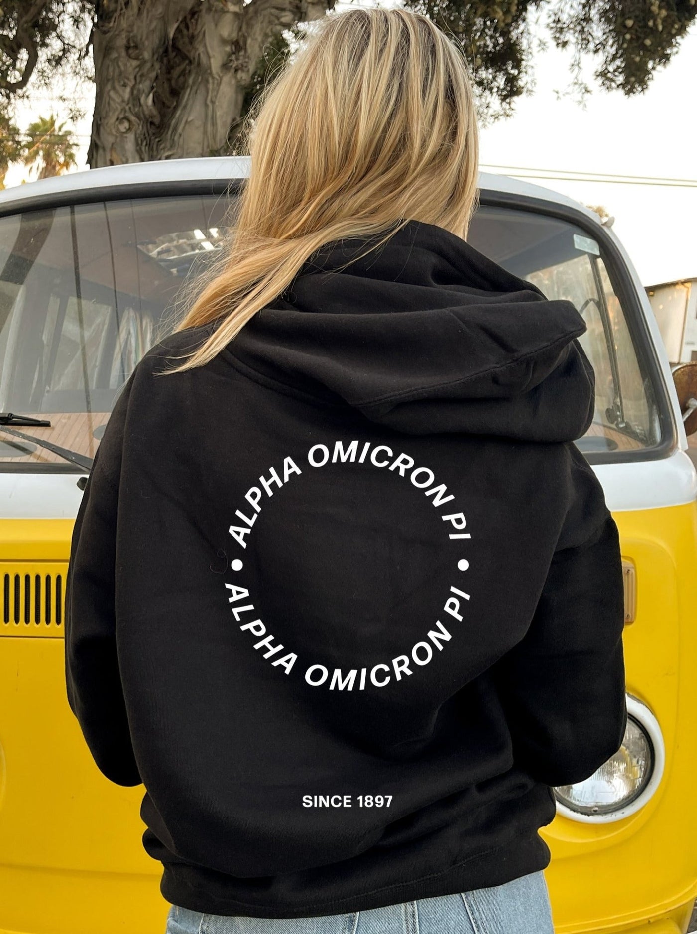 Alpha Omicron Pi Simple Circle Alpha O Sorority Hoodie Sweatshirt Design Black