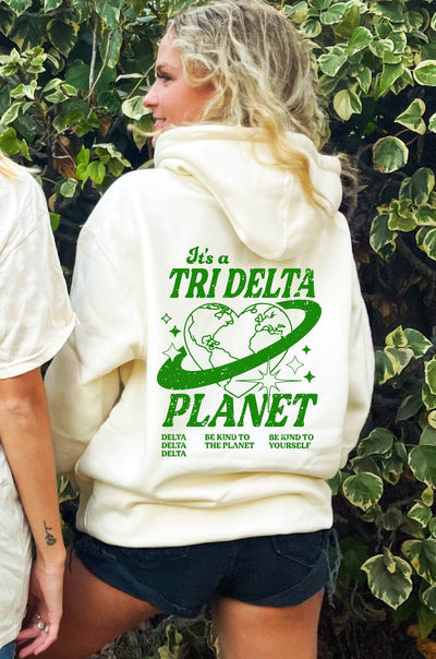 Delta Delta Delta Planet Hoodie | Tri Delta Be Kind to the Planet Trendy Sorority Sweatshirt