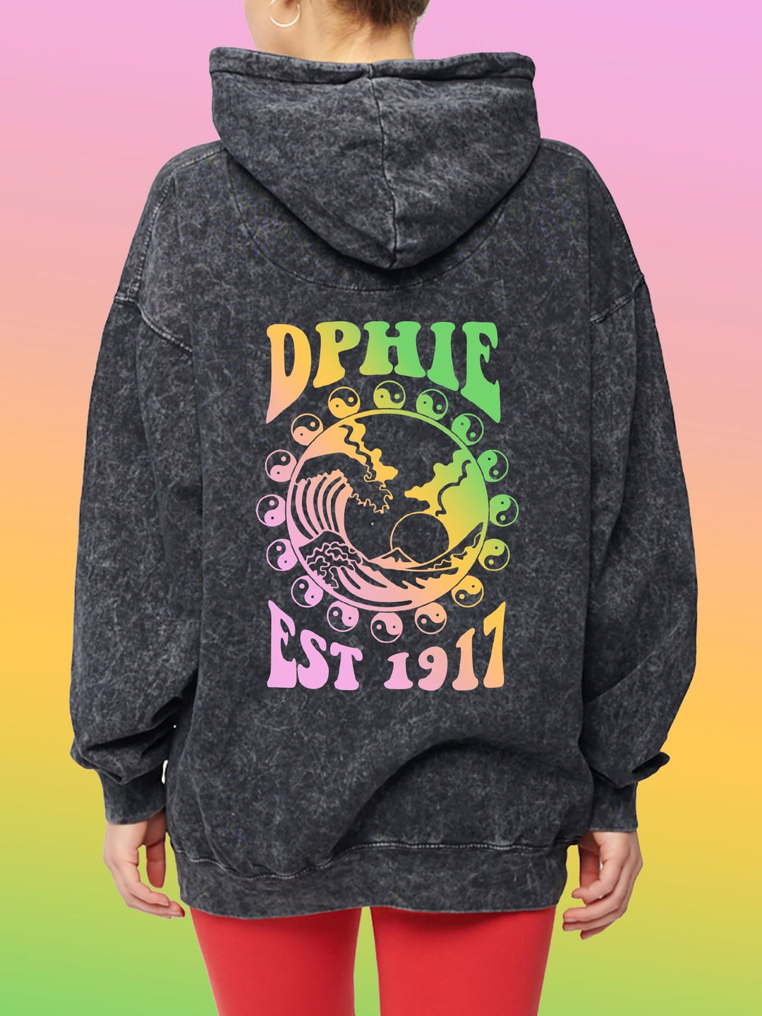 Delta Phi Epsilon Yin-Yang Surf Sorority Hoodie Mineral Wash store Tie Dye | Greek Life Sweatshirt | DPhiE comfy hoodie